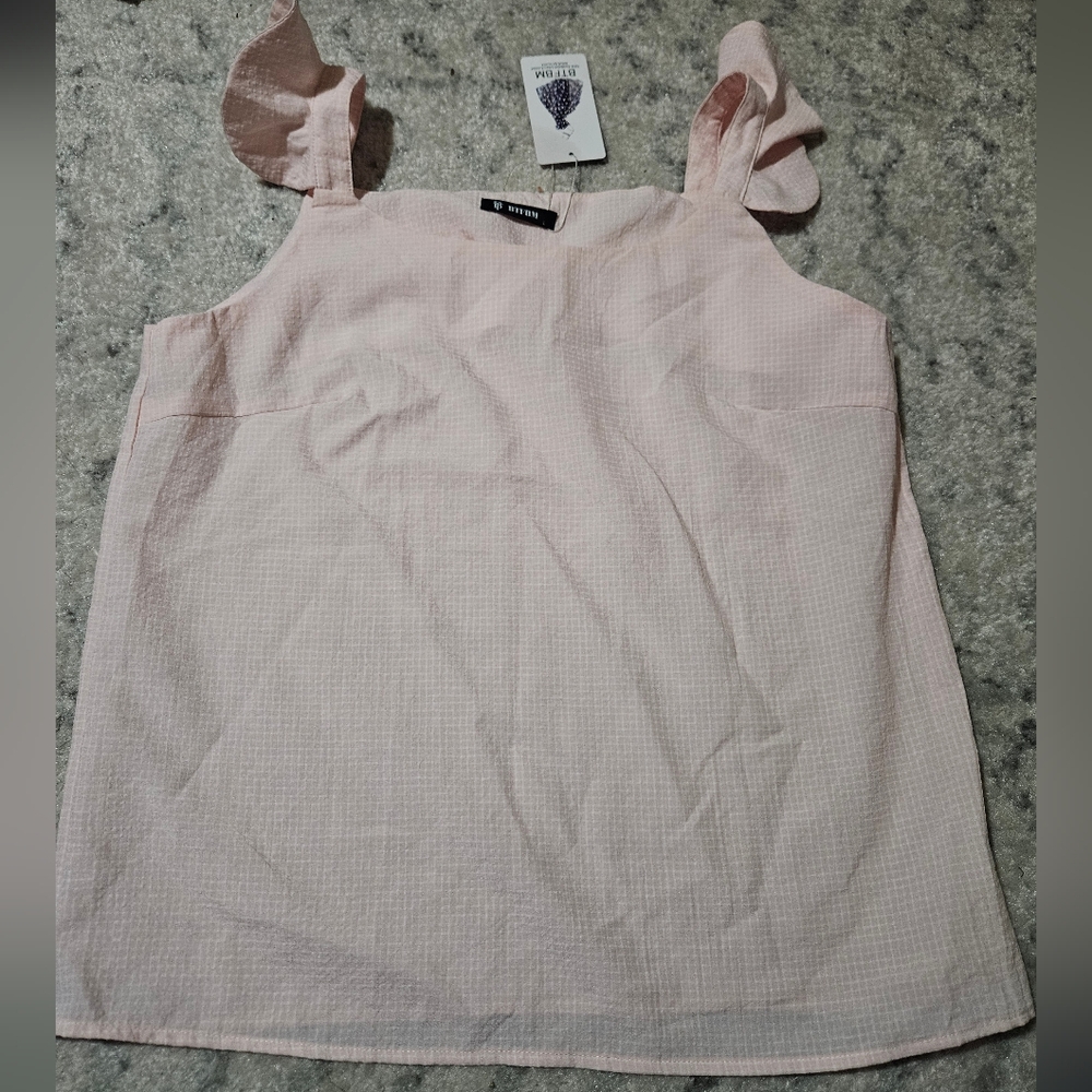 BRAND NEW Amazon Light Pink Girly Ruffle Strap Plaid Blouse Size Large